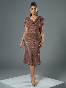 Phụ Nữ Thanh Lịch Cowl Cổ Màu Rắn Ngắn Cánh Dơi Tay Áo Sequins Lấp Lánh Buổi Tối Bên Ăn Mặc <span class=keywords><strong>V</strong></span>ới Ruched Vai Thiết Kế - Product Image 2