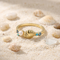 Bague ZG en laiton plaqué or avec perle coquillage mignonne, accent nano saphir et turquoise, pour usage quotidien, thème océan