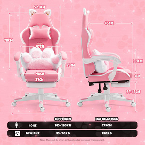 Chaise de jeu ergonomique rose et blanche avec oreilles de chat, pivotante et réglable, avec repose-pieds et coussin lombaire - Product Image 4