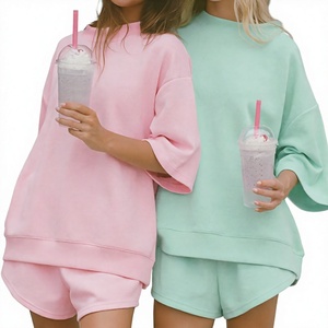 Women's <b>2</b> <b>Piece</b> Solid Color Sweatshirt Shorts Set Three Quarter Sleeve Crew Neck Regular Fit Casual Spring <b>Summer</b> Wear Pink Mint - Product Image 1
