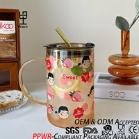 Mug en verre borosilicate imprimé dessin animé mignon, avec poignée, couvercle double usage et paille en verre, résistant à la chaleur, grande tasse à eau