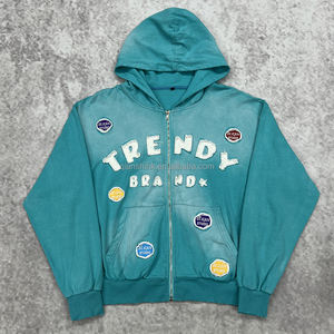 500Gsm Zipper Heavyweight Custom Y2k Applique Broderie Streetwear French Terry Acid Wash 100% Cotton Sun Faded Zip up Hoodie - Product Image 3