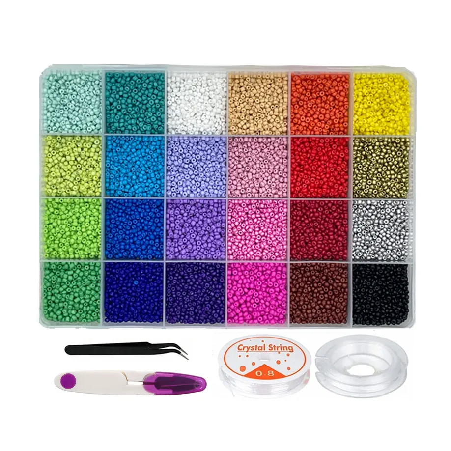 24 Colors 2MM DIY Glass Seed Beads Craft Set Bracelet Necklace Jewelry Making Supplies Kit for Gifts