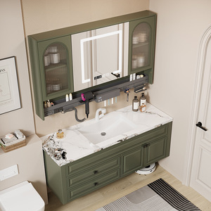 American style Green Bathroom Vanity With LED <b>Mirror</b> Display 60 In MDF Cabinet Ceramic Sink Floor Standing Rectangular Design - Product Image 3