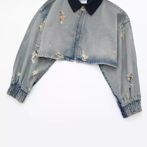 Broken Hole Decoration Women's Lapel Zipper Denim Short <b>Coat</b> <b>Top</b> Fashion - Product Image 6