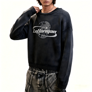 ODM Vintage Washed Cropped Knit Sweater Custom Logo Print Embroidery Crew Neck Top Soft Skin-friendly Fashion Daily Wear Men's - Product Image 4