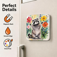 Aimant décoratif carré pour réfrigérateur, motif floral de raton laveur aquarelle, avec colle en relief