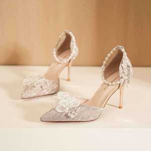 6692X-201 Fashion Trend Flower Heeled Sandals Women Pointed <b>Toe</b> Stiletto High Heel Pearl Strap Microfiber Leather Lining Wedding - Product Image 3