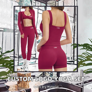 Custom Front Logo Solid Women's 7 Piece Yoga Set Racerback Crop <b>Top</b> High Waisted Shorts Full Sleeve <b>Sweat</b> Wicking Fitness Wear - Product Image 2