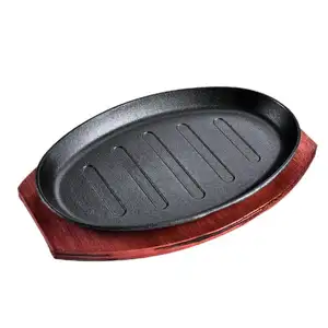 Preço Atacado Ferro Fundido Flat Bottom Sizzling Plate Steak Fish Frying Pan Fajita Panelas Fillet com placa de madeira