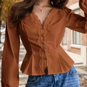 Blusas Femininas Casuais Soltas de Manga Longa com Renda Frontal, Respiráveis, Decote em V, Plissadas, com Cinto na Cintura e Abotoamento Simples para Escritório - Product Image 4