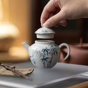 Guanlan Hand Painted Blue Bamboo Ceramic Teapot Small Size With Lid For One Person Kung Fu <b>Tea</b> <b>Set</b> Porcelain Round Shape - Product Image 2