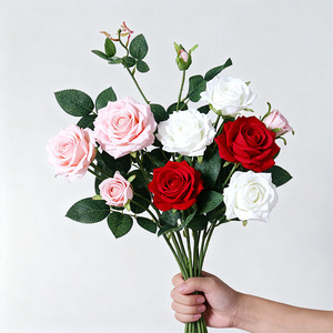 Rosa Artificiale in Seta Decorativa Rossa <span class=keywords><strong>e</strong></span> Bianca, Effetto Naturale, Vendita all'Ingrosso, Stelo Singolo per Decorazioni Matrimoniali - Product Image 3