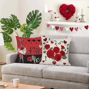 Housse de coussin décorative en polyester type lin avec imprimé cœur d'amour et rose <span class=keywords><strong>rouge</strong></span> pour la Saint-Valentin, 18 x 18 pouces, 4 pièces - Product Image 2