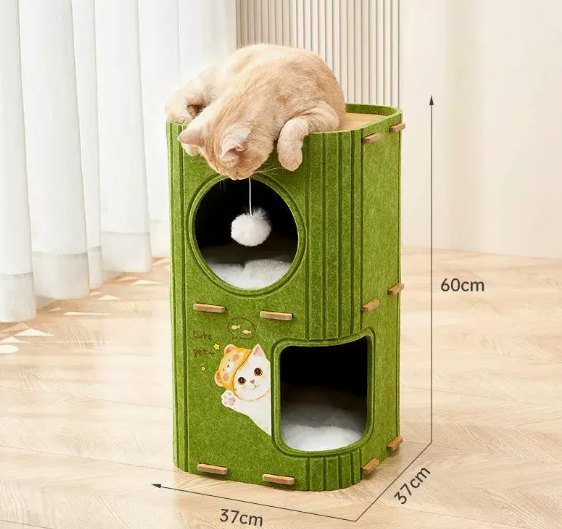 กล่องแมวทรงสี่เหลี่ยมสีเขียว สองชั้น [ไม่มีแผ่นรอง]