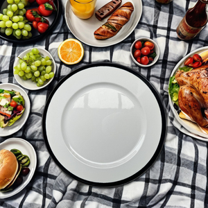 Vente en gros d'assiettes <span class=keywords><strong>de</strong></span> <span class=keywords><strong>présentation</strong></span> en plastique <span class=keywords><strong>blanc</strong></span> à bord noir et or <span class=keywords><strong>de</strong></span> 13 pouces 33cm <span class=keywords><strong>plat</strong></span> <span class=keywords><strong>de</strong></span> service pour le dîner en PET décoratif pour mariage en or <span class=keywords><strong>blanc</strong></span> - Product Image 4