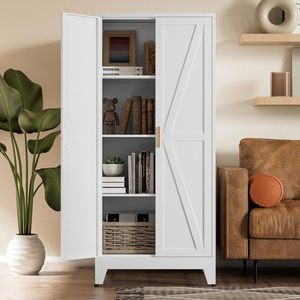 Armoire scandinave blanche SENYU avec panneaux géométriques et poignées en laiton pour le rangement de la chambre - Product Image 4