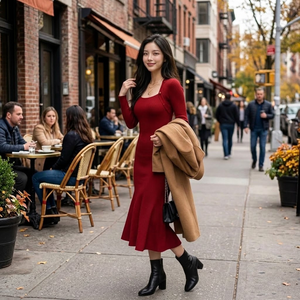 เดรสไหมพรมคอเหลี่ยมสีแดงสุดหรู แขนยาว ทรงเข้ารูป ติดกระดุม ความยาวปานกลาง สำหรับผู้หญิง ฤดูใบไม้ร่วง - Product Image 5