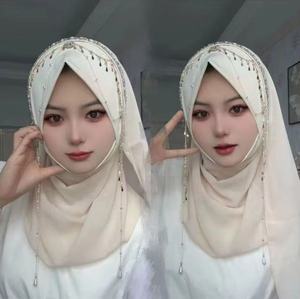 Nuosha OEM Nouveau Hijab en Chiffon à Chaîne, Style Moyen-Orient Musulman Tendance, avec Pendentif Papillon, Ornements en Cristal et Broderie Lourde Faite Main, Certifié CE, Pour Usage Quotidien - Product Image 1