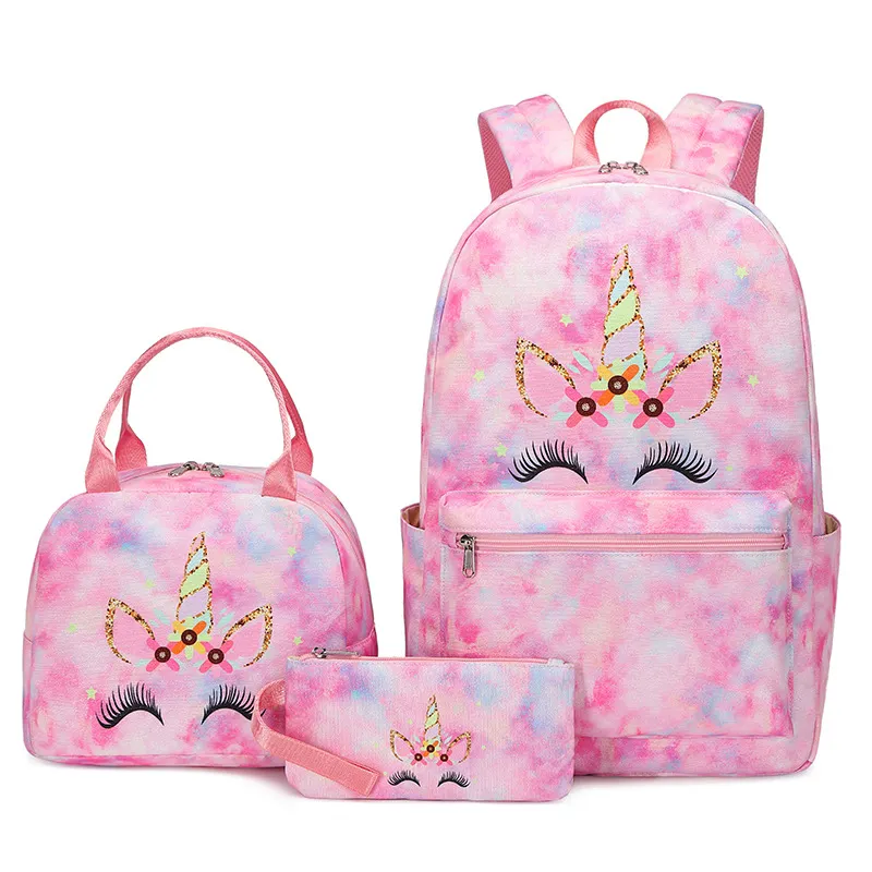 2023 New fashion full unicorn printed girls high school student backpack lunch bag pencil bag three school bag set