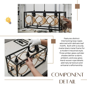Suspension rectangulaire rustique à 3 lumières en corde tressée pour cuisine, modèle très populaire - Product Image 5