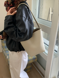 Bolso de Hombro Tipo Cubo de Cuero Genuino Extra Grande, a la Moda 2025, Personalizado para Mujer, Color Gris, Impermeable, Portátil, de Poliéster - Product Image 4