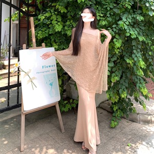 Sexy Black Lace Trimmed V Neck Long Sleeve Dress Natural Waist A Line Skirt Leisure Wear Mesh Fashion Eco Friendly - Product Image 1