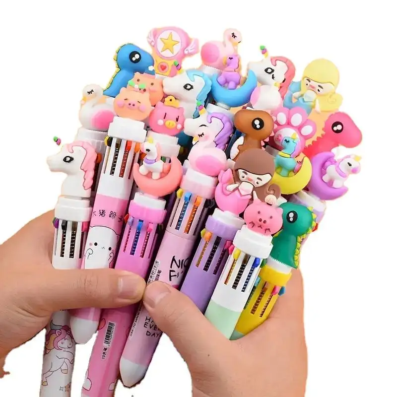 Pena bolpoin 10 warna lucu alat tulis pena hewan Kawaii baru pulpen plastik multiwarna tekan siswa anak-anak