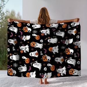 Manta de Franela Suave con Diseño de Calabaza Fantasma de Dibujos Animados de Halloween, Manta Rectangular de Polar para el Hogar, Ecológica, Estilo Otoñal - Product Image 3