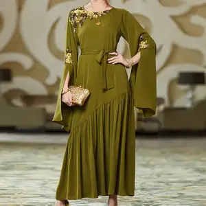 2024 New Fashion Chiffon Kaftan Dress Abaya Dubai O-neck Long Sleeve Solid Color Printed Cardigan Modest Clothing Muslim Dresses