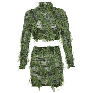 Personalized Street Hipster <b>Sexy</b> Slim Tassel Hollow Out Short Skirt Women's 2 Piece <b>Set</b> Fashion - Product Image 4