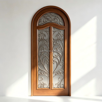 Porte double cintrée de luxe avec transom en verre décoratif pour entrée de villa, finition en bois d'acajou foncé artisanal