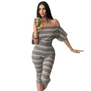 Striped Two Piece Pants <b>Set</b> Off Shoulder <b>Short</b> Three Quarter Sleeve Crop <b>Top</b> <b>and</b> Knee Length Leggings for Summer - Product Image 3