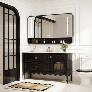 Meuble-lavabo de salle de bain 48-92 pouces avec lavabo simple/double, meuble-lavabo autoportant rétro français avec miroir intelligent anti-buée/miroir-étagère - Product Image 5