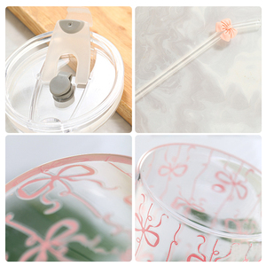 Vaso de Vidrio de Borosilicato Alto para <span class=keywords><strong>Caf</strong></span>é Helado con Tapa de Lazo y Popote, Bonito Vaso Estético para Té de Burbujas y Bebidas Frías - Product Image 5
