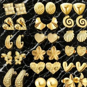 Non Tarnish Bulk <b>Vintage</b> Stainless Steel 14k <b>Gold</b> Boho Elegant Funky Waterproof Large Flower <b>Earring</b> for Women - Product Image 2