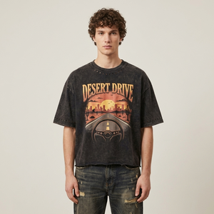 T-shirt vintage personnalisé en coton épais 300 GSM, délavé à l'acide, coupe oversize courte et carrée, avec motif graphique en strass, pour homme, anti-boulochage - Product Image 1