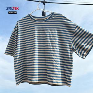 T-shirt rayé <span class=keywords><strong>rose</strong></span> à épaules tombantes en mélange de coton, décontracté, à manches courtes, coupe ample, pour femme, <span class=keywords><strong>haut</strong></span> court, col rond, t-shirt rayé - Product Image 3