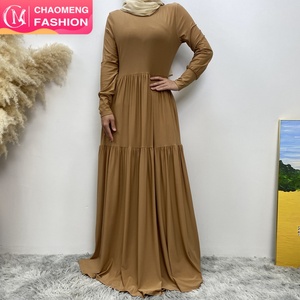 6344# New Long Dress Cotton Material Round Neck Pleated Slim Sleeves With Back Zipper With Side Pockets Simple Elegant Dress - Product Image 1