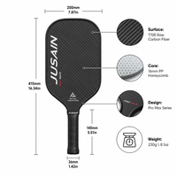 Raquette de pickleball en fibre de carbone T700 approuvée par l'USAPA, 16 mm, forme standard pour l'entraînement des enfants, impression UV, raquette JUSAIN Pro Max