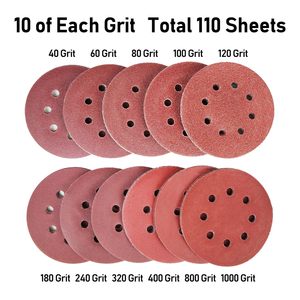 Juego de 110 Discos de Lija de Óxido de <span class=keywords><strong>Aluminio</strong></span> de 5 Pulgadas y 8 Agujeros con Gancho y Bucle, Papel de Lija Rojo para <span class=keywords><strong>Pulir</strong></span> Metal y Madera - Product Image 2