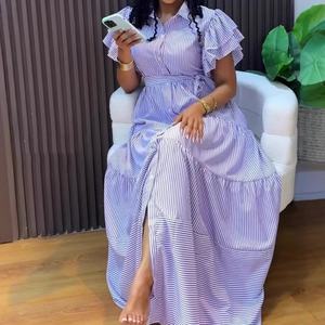 Vestidos africanos a rayas de manga corta, holgados, de longitud media y con abertura, para mujeres de talla grande. - Product Image 1