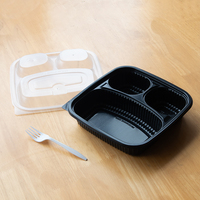 Conteneur alimentaire jetable en PP noir à 3 compartiments de 8,5 pouces avec couvercle transparent