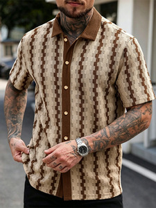 Chemise Homme Vintage à Carreaux Imprimés en Tricot 140g, Manches Courtes, Col Rabattu, Boutonnée, Décontractée, Haut d'Été - Product Image 3