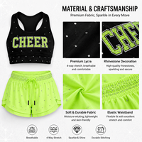 Ensemble soutien-gorge et short de cheerleading personnalisé vert néon noir avec strass étoilés, haut dos nageur et short à volants, uniforme d'entraînement d'équipe