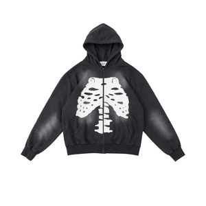 Men <b>Black</b> <b>Zip</b>-<b>Up</b> <b>Hoodie</b> Oversized Cotton Knitted Skeleton Print Casual Streetwear Hooded Sweatshirt Autumn Regular Fit - Product Image 1