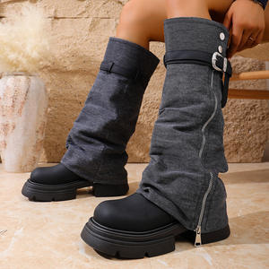 Botas de moto occidentales con plataforma y decoración de hebilla para mujer, punta redonda, vaqueras, fruncidas, hasta la rodilla, calzado de moda 2026 - Product Image 1