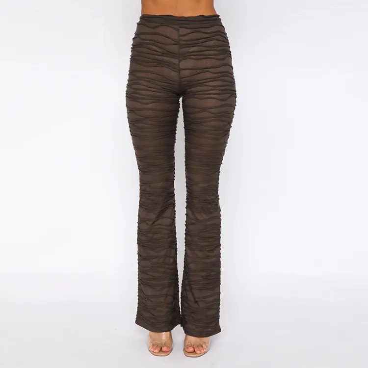 Fashion Casual High Waist Mesh Stretch Fabric Chocolate Color Pleated Jersey Skinny Flared Women's Pants Trousers