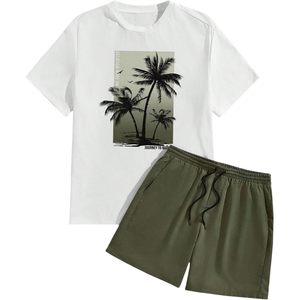 Conjunto de 2 piezas FOXA para hombre: camiseta con estampado tropical y pantalones cortos con cordón, talla grande, ropa de vacaciones, algodón transpirable - Product Image 1