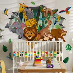 Autocollants <span class=keywords><strong>muraux</strong></span> autocollants pour <span class=keywords><strong>chambre</strong></span> à coucher, effet déchiré simulé de dessin animé, <span class=keywords><strong>jungle</strong></span>, lion, éléphant - Product Image 1